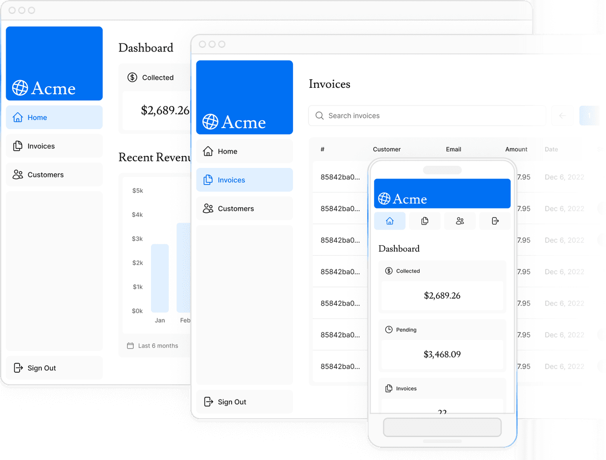 Screenshots of the dashboard project showing  mobile versions